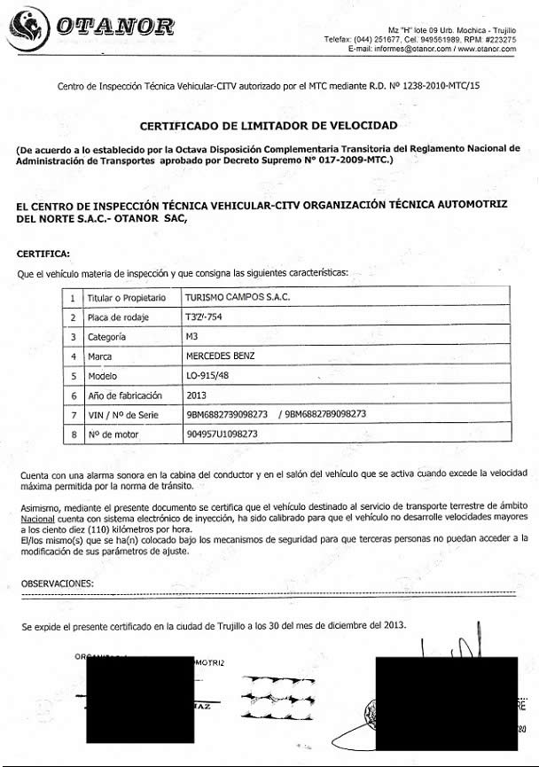 Certificado de limitador de velocidad